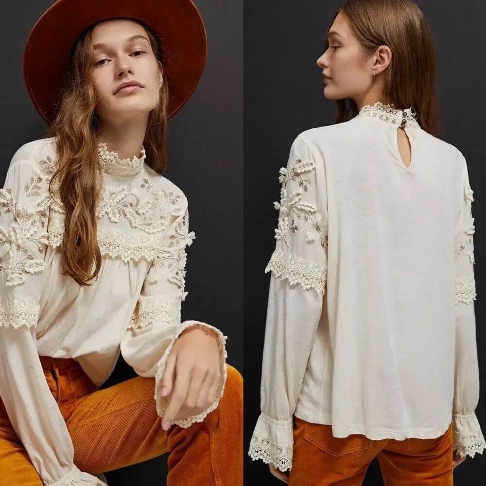 Anthropologie Jemma Cream Crochet Lace Romantic Blouse Size M NEW